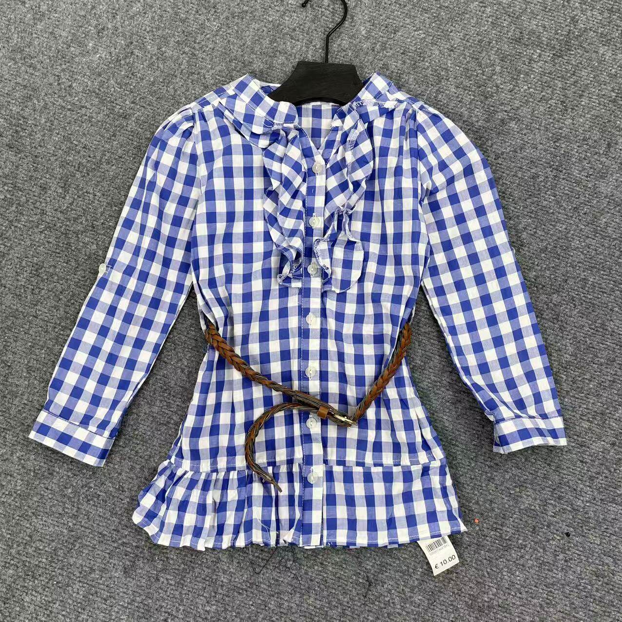 J3136春季新品女童衬衫2026蓝白格子系腰带荷叶边小童衬衫裙