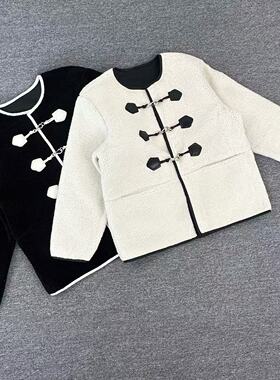 C1034新款新中式小众设计感圆领外套撞色皮扣宽松显瘦慵懒风上衣