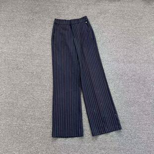 E7188新款藏青竖条纹阔腿西裤女高腰垂感显瘦通勤职业西装长裤