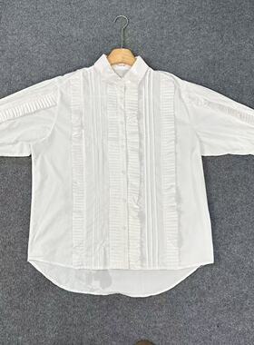 H2035外贸新单春夏立体风琴褶翻领设计感小众白色通勤长袖衬衫