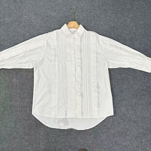 H2035外贸新单春夏立体风琴褶翻领设计感小众白色通勤长袖 衬衫