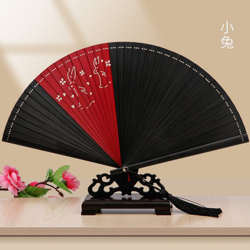中国风全竹扇子黑色小巧女士镂空