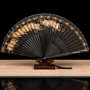 扇子女式 丝绸折扇孔雀翎舞蹈扇中国风竹骨复古风折叠女扇送学生