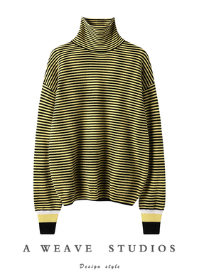 上身实在美！黄色条纹高领羊绒衫女纯羊绒毛衣宽松慵懒风秋冬新款