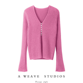 纯羊绒针织开衫 舒服ZUI重要 简约好穿珍珠扣V领喇叭袖 女玫瑰红