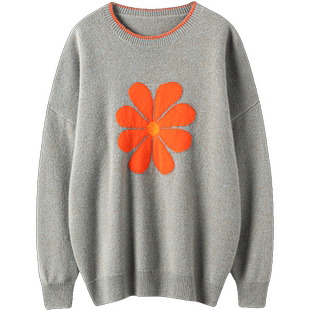 颜控心动！！减龄灰绿色太阳花羊绒衫女圆领加厚纯羊绒毛衣冬宽松