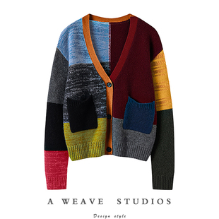 年轻活力不张扬 纯羊绒彩虹色块拼接粗棒针毛衣外套新款 针织开衫