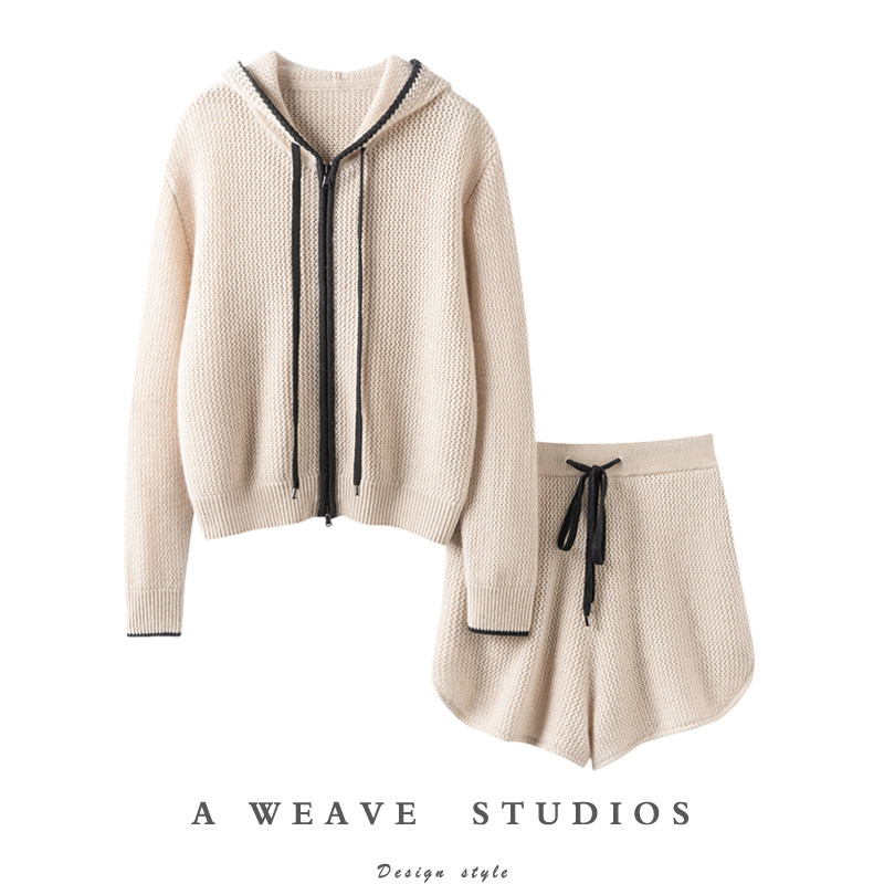 拿下气质！连帽100%纯山羊绒衫女纯羊绒毛衣针织帽衫短裤秋冬套装
