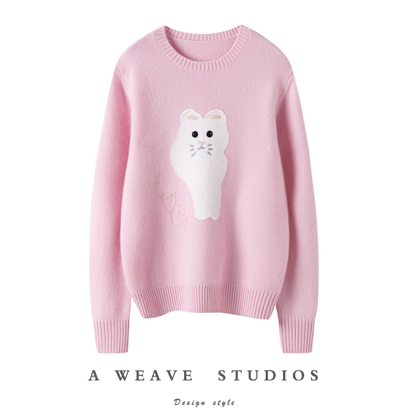 牧绒飞2024秋冬100%纯山羊绒毛衣女圆领宽松卡通图案