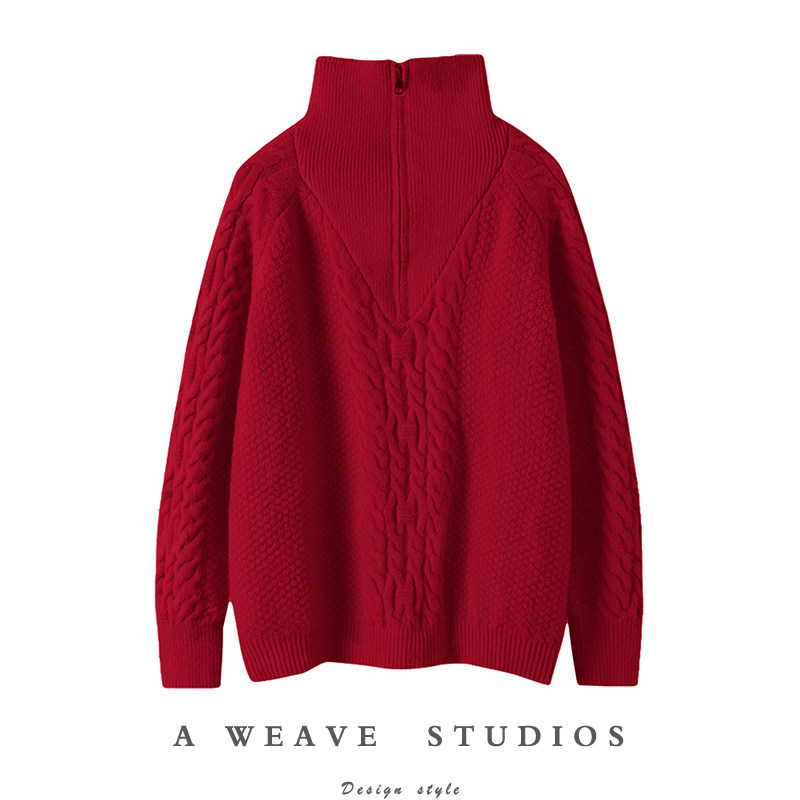 美美美！随便穿搭~车厘子红纯山羊绒毛衣女宽松高领麻花针织开衫