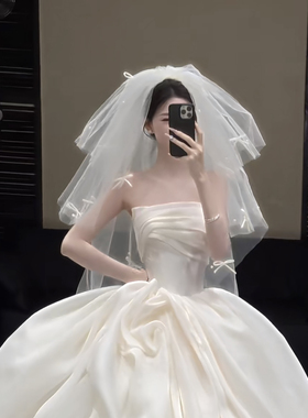 新娘复古蓬蓬蝴蝶结领证订婚头纱短款旅拍样片头饰森系结婚影楼