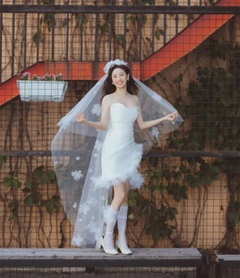 新款 韩国纱手工花朵头纱薄透头饰新娘摄影跟妆造型写真道具长头饰