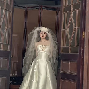 新款法式复古拍照抓纱帽纱头纱新娘主婚纱森系结婚拍照写真配饰品