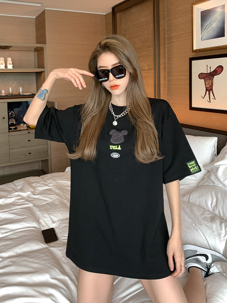 뚱뚱한 자매 티셔츠 여성 반팔 루즈 한 디자인 세련된 슬림 베어 패턴 핫 걸 풀오버 탑 인 트렌디 한 여름