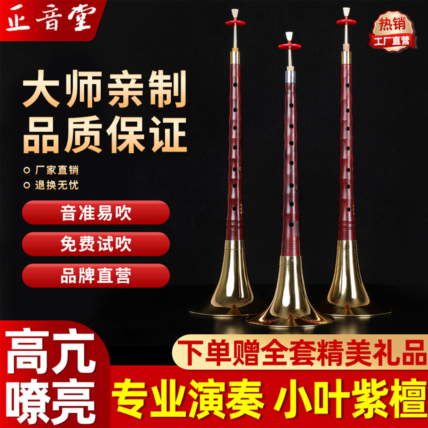 唢呐乐器小叶紫檀高档唢呐全套专业演奏大音量黄铜唢呐D调C调喇叭