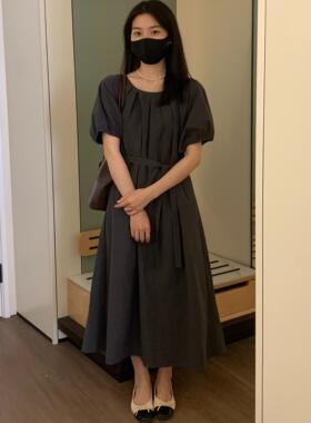 青提 气质淑女灰色短袖长款连衣裙收腰女2025夏季新品