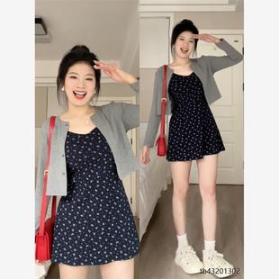 大码胖妹妹灰色针织开衫外套黑色碎花吊带连衣裙套装气质两件套女