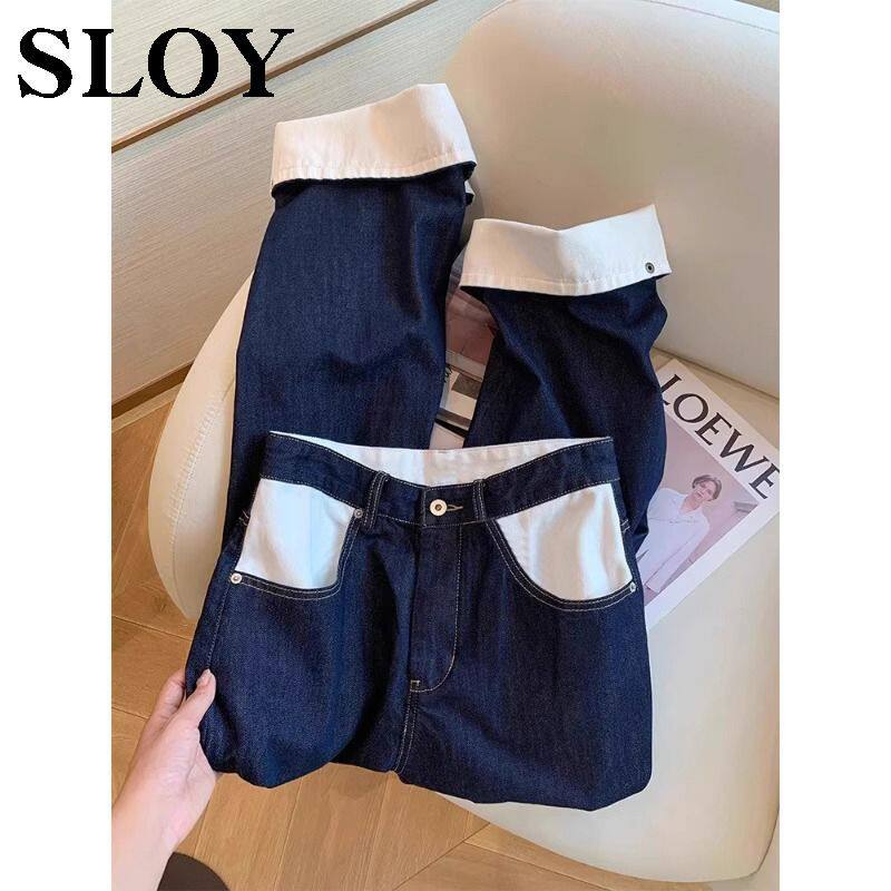 SLOY复古撞色翻边阔腿牛