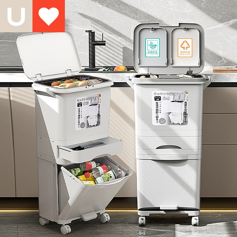友耐大号厨房垃圾桶家用脚踩厨余 余分类带盖子大容量高款双层干