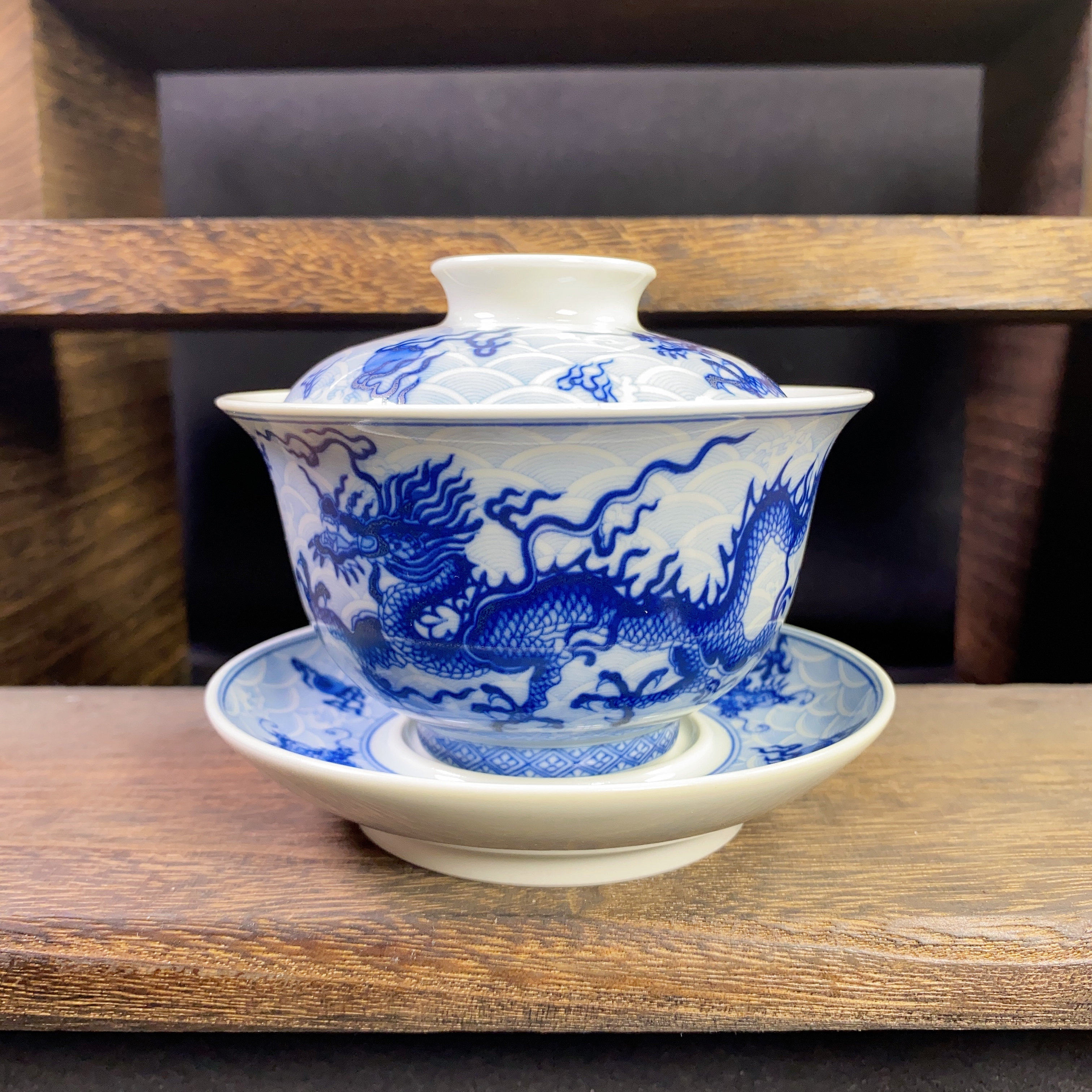 青花龙纹三才盖碗泡茶碗景德镇陶瓷功夫茶具个人专用仿古胎防烫手