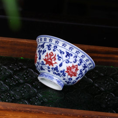 景德镇七丞堂青花釉里红缠枝莲压手杯青花瓷陶瓷主人杯品茗杯高档