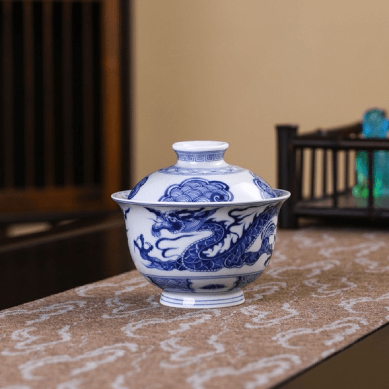 七丞堂陶瓷仿古泥青花龙纹二才盖碗家用可悬停复古泡茶碗功夫茶具图片