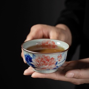 景德镇陶瓷主人青花开片品茗个人功夫茶杯老陶茶具单杯家用牡丹花