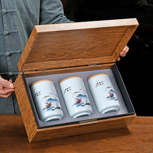 陶瓷茶叶罐密封罐三罐茶叶礼盒包装盒空盒定制白茶红茶绿茶收纳盒