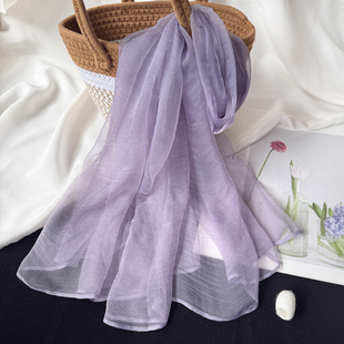 杭州真丝桑蚕丝丝巾女2025新款纯色薄款围巾温柔轻软百搭长纱巾女