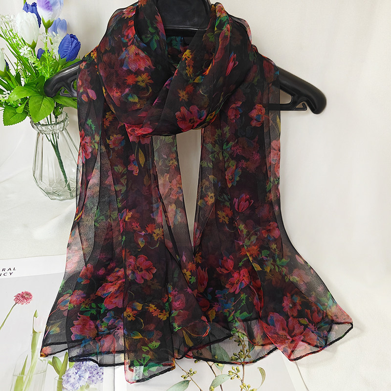 字母款杭州四季真丝丝巾桑蚕丝纱巾女士长款百搭春秋夏季薄款围巾