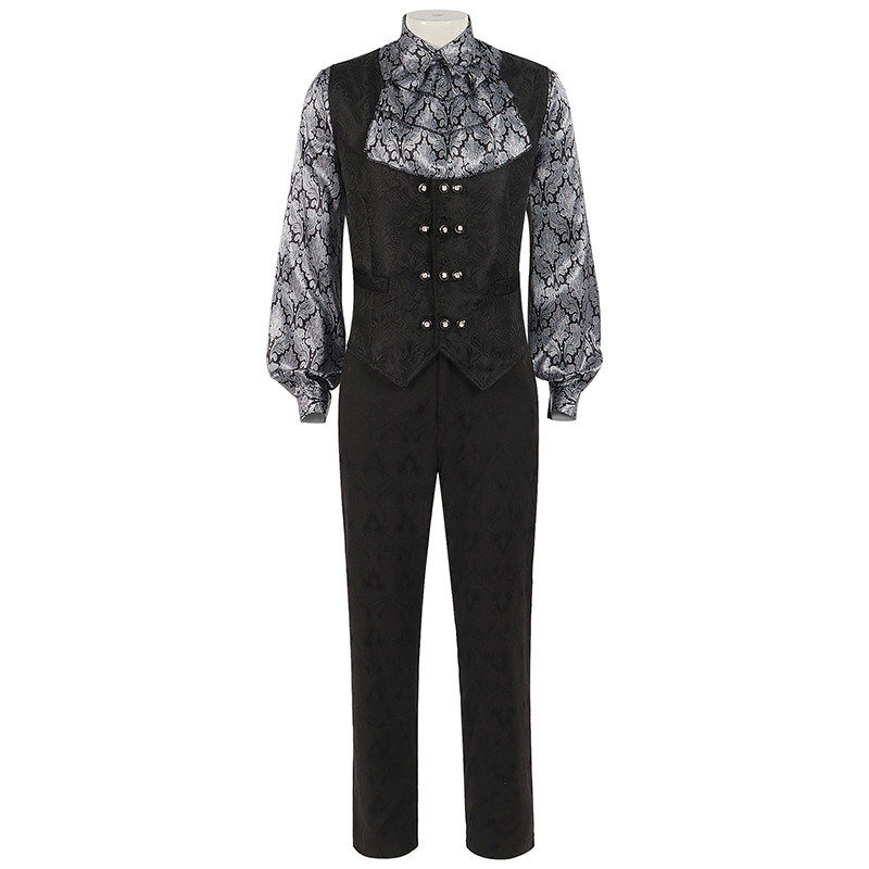男褶皱长袖花纹衬衫印花长裤V领马甲表演套装中世纪蒸汽朋克服装,男装,其他民族服装,淘宝优惠券,粉丝福利购,淘宝优惠卷