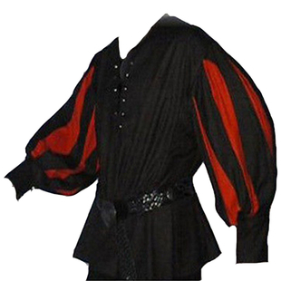 拼色长袖领口绑带衬衫舞台cosplay上衣欧美复古中世纪话剧演出服