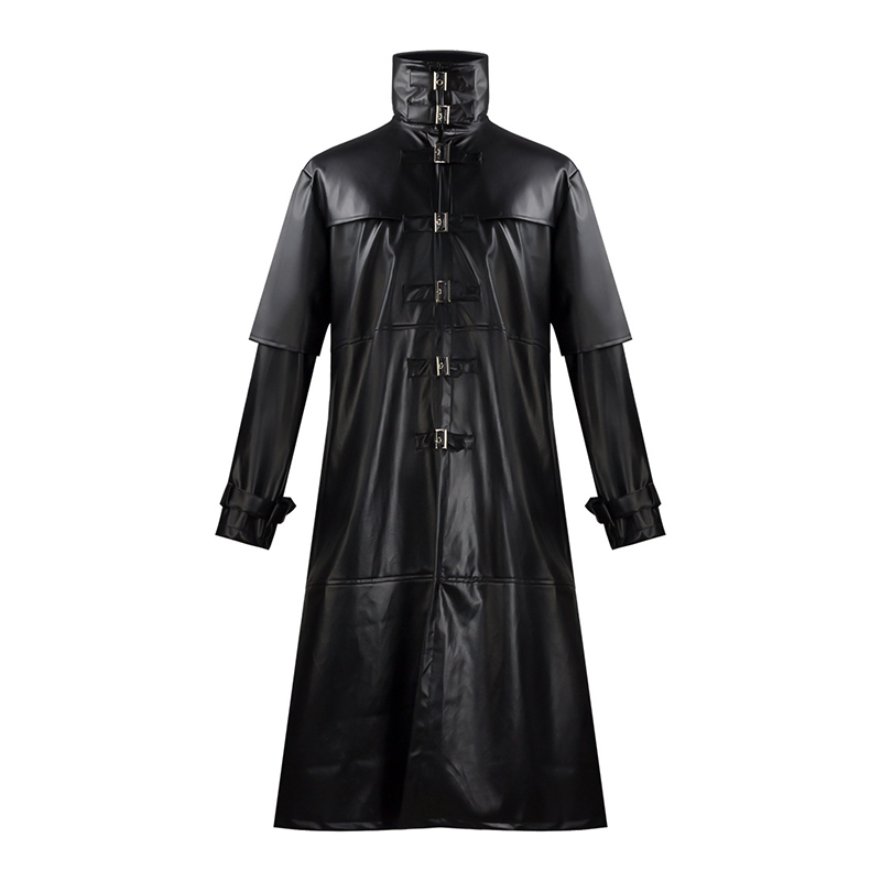 中世纪男士舞台角色扮演风衣 时尚简约纯色立领针扣长款仿皮大衣