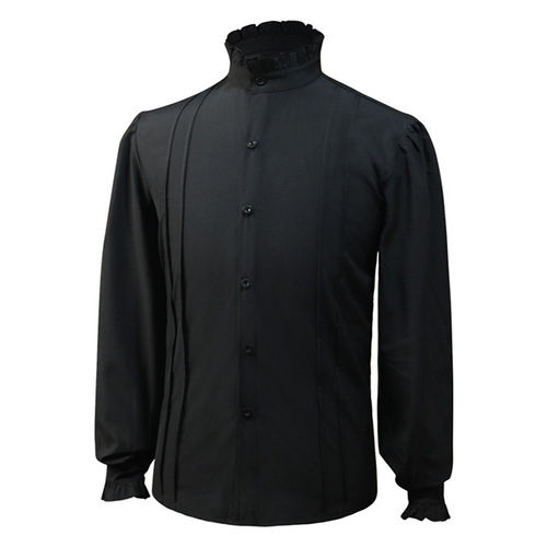 春秋男士纯色花边领褶皱长袖衬衫 欧美复古舞台演出内搭朋克上衣