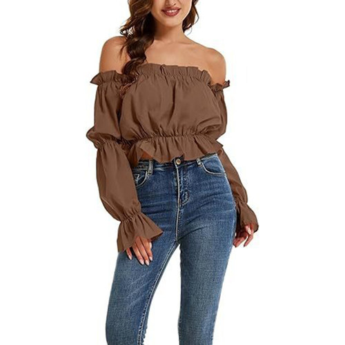 泡泡长袖抹胸露脐衬衫纯色上衣