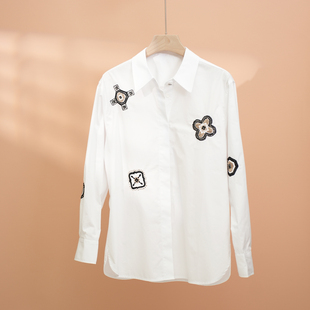 篙奢设计师款重工钉珠刺绣白衬衫女长袖2026新款宽松时尚通勤上衣