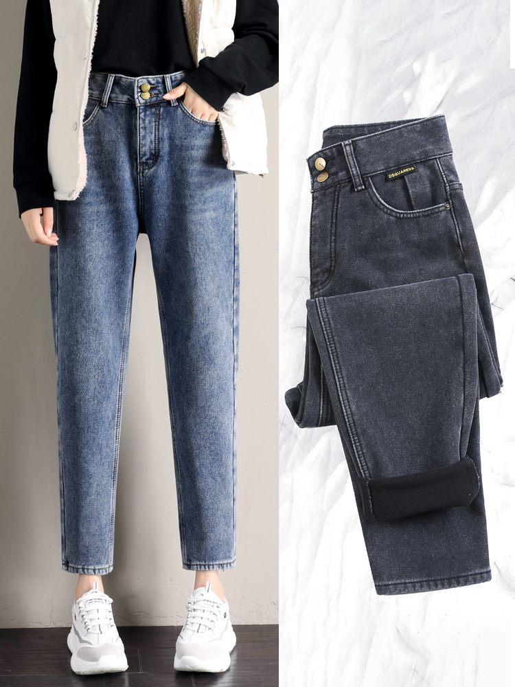 Loose Harun plus velvet lengthened denim dad pants women's trousers high waist thickened 2020 new straight high winter