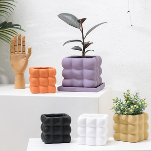 轻奢格子球四方形陶瓷花盆上彩带托盘素烧白陶土透气盆栽花卉吊兰