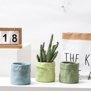 创意设计布袋形状陶瓷花盆素烧白陶土家居饰品带托盘盆栽花卉盆栽