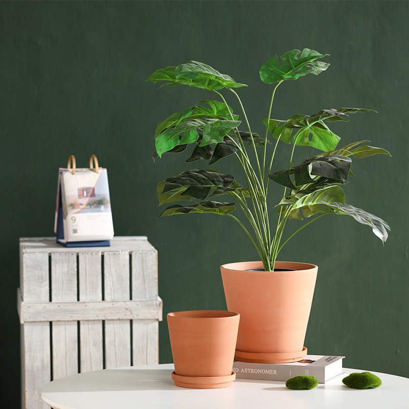 几何造型平面红陶土花盆 透气自吸水花卉绿植鲜花大号瓷器带托盘