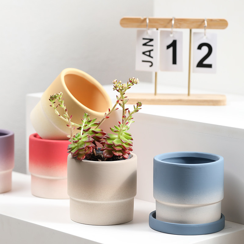 北欧渐变色陶瓷花盆透气陶土多巴胺圆形带托盘家用绿萝蝴蝶兰盆栽