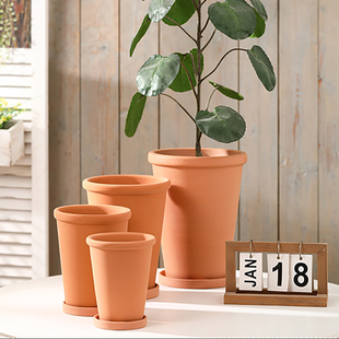 瘦高筒红陶花盆透气吸水陶土粗陶泥瓦盆清仓绿植鲜花尤加利带托盘