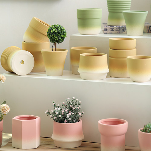 渐变工艺素烧陶瓷花盆有孔带托盘