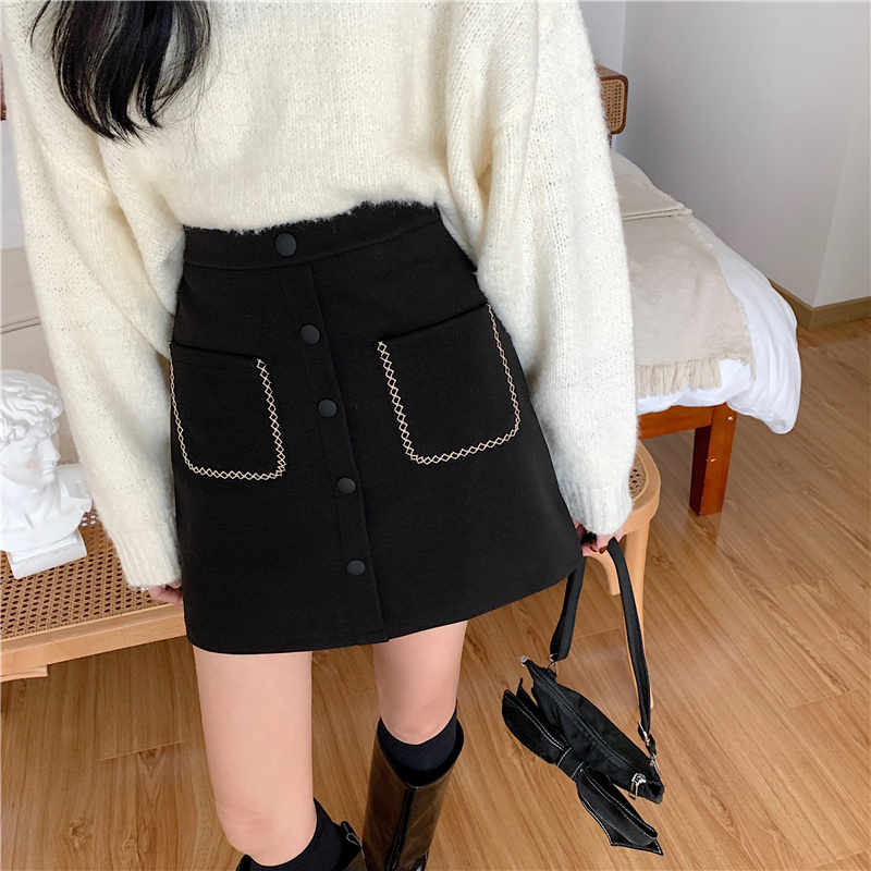 大码百搭花边口袋半身裙2021秋冬季新款a字裙高腰小香风毛呢短裙