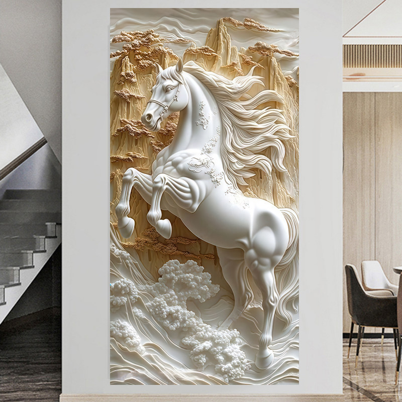 竖版背靠金山墙面装饰画自粘壁画走廊过道招财3D风景玄关门贴