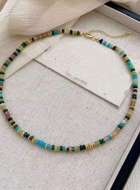 彩色天然石项链 轻奢小众新款串珠彩虹守护锁骨链 多巴胺颈链女