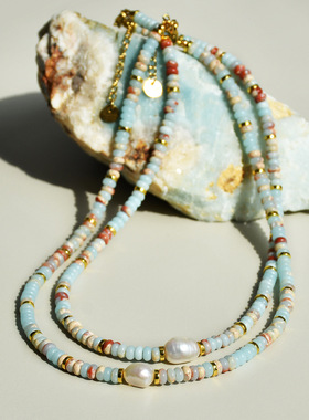 天然淡水珍珠彩色石头串珠多巴胺项链女夏天配饰新款轻奢颈链