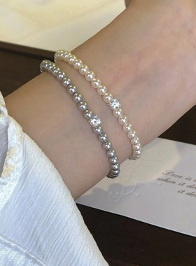 S925银施家珍珠方钻手链时尚轻奢小众百搭珍珠手链女
