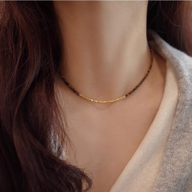 美拉德砂砾虎眼石碎银子项链女感秋冬轻奢复古精致