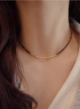 美拉德砂砾虎眼石碎银子项链女感秋冬轻奢复古精致